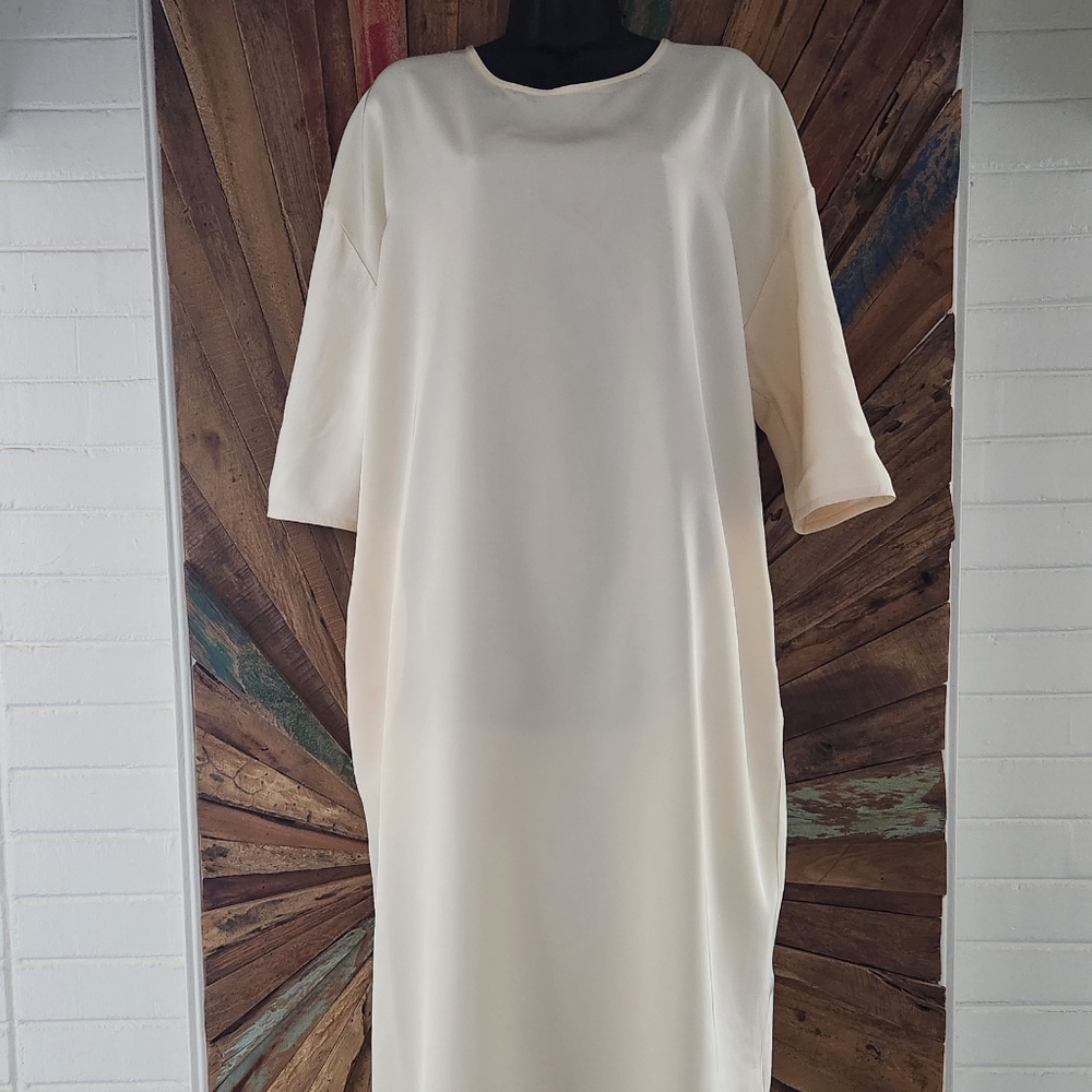 COS relaxed/oversized cream silky viscose Dress Sz M pockets slit midi - Picture 3 of 13